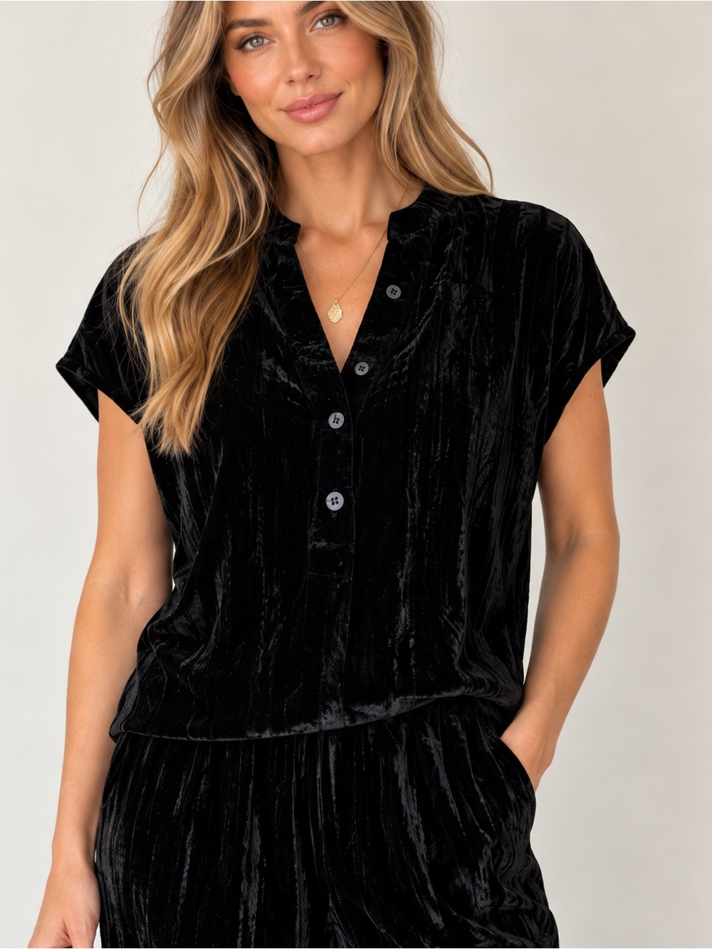 Sundays by We Are Sundays Crushed Velvet Top & Pant Travel Set XS Black